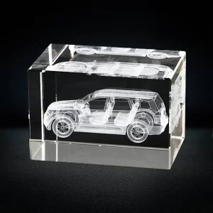 3d car model inside crystal rectangle block