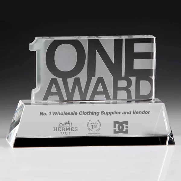 number one shaped crystal plaque award