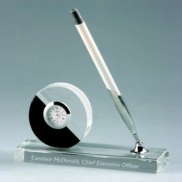 crystal desk pen stand with clock