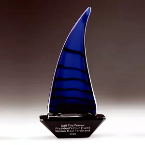 blue art glass sailboat award