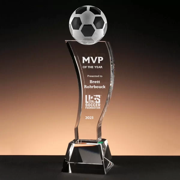 curved crystal soccer trophy award