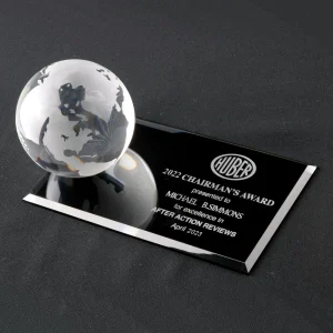 globe crystal award with flat rectangle base