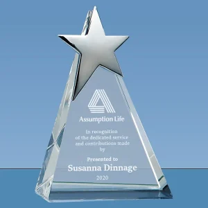 silver metal star on crystal pyramid award