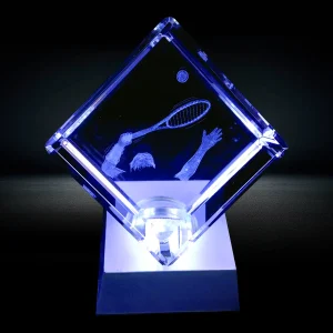 3d tennis player crystal cube award with light base