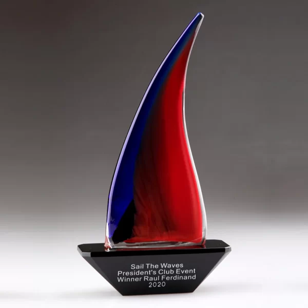 blue and red art glass sailing award