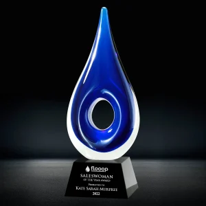 blue art glass teardrop trophy