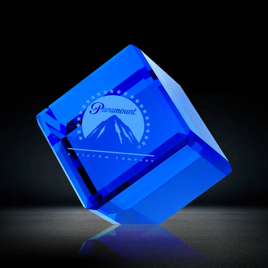 blue cube crystal paperweight gift award