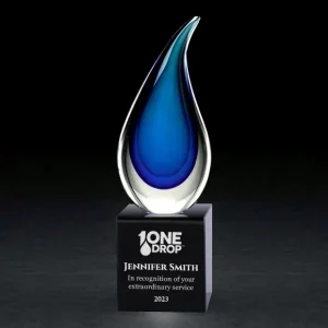 blue teardrop art glass award