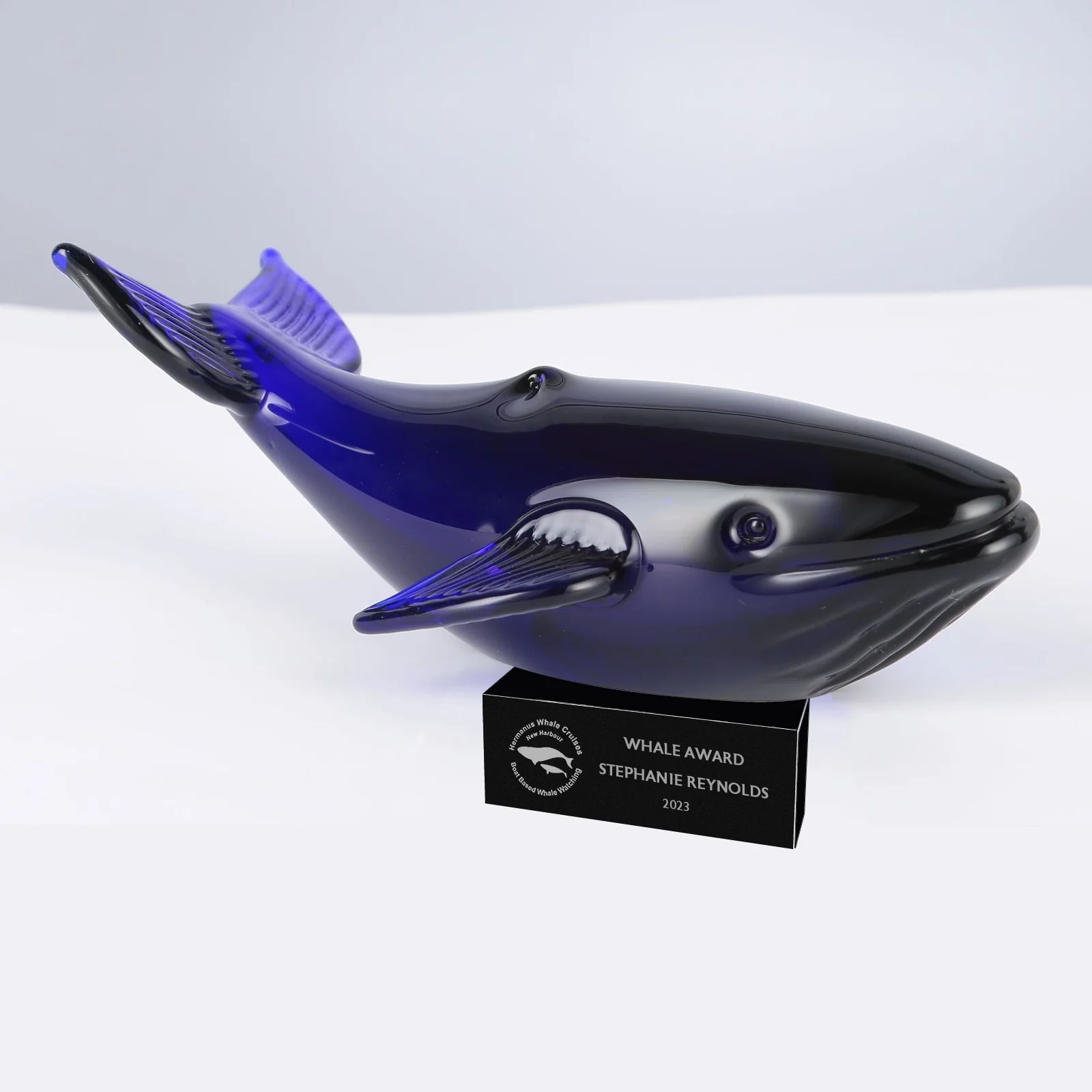 cobalt blue whale art glass statue award