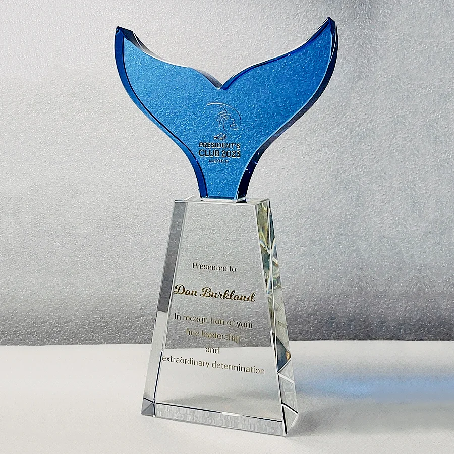 crystal blue whale tail trophy award