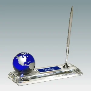 crystal pen stand with blue globe
