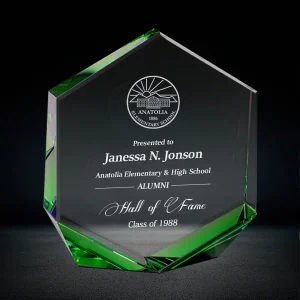 green hexagon crystal award