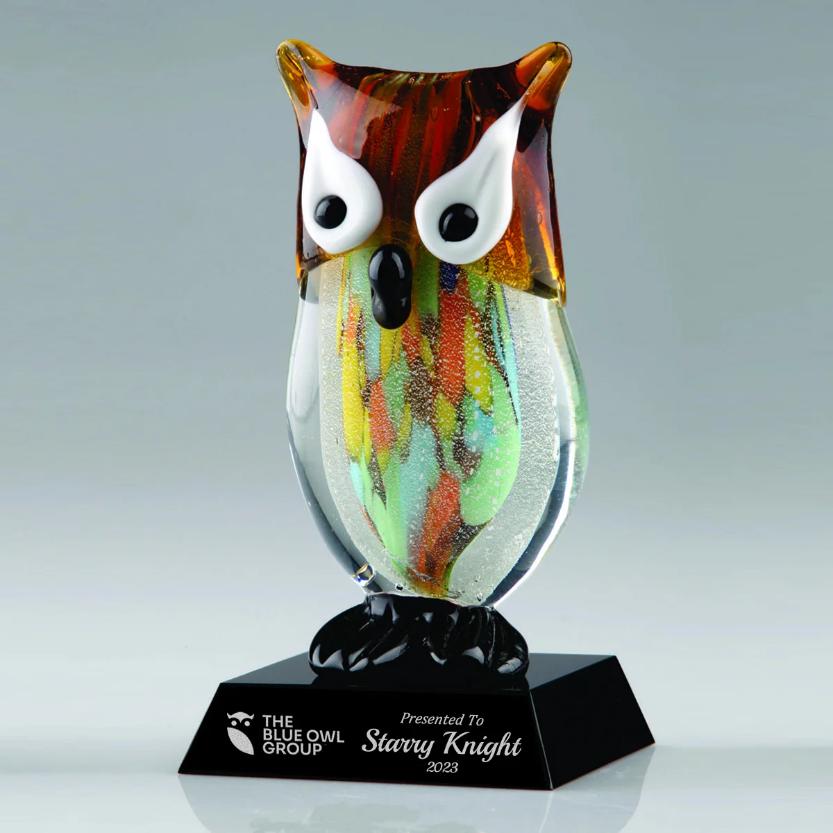 multi colored owl art glass award