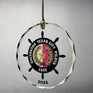 round crystal ornament with colored logo