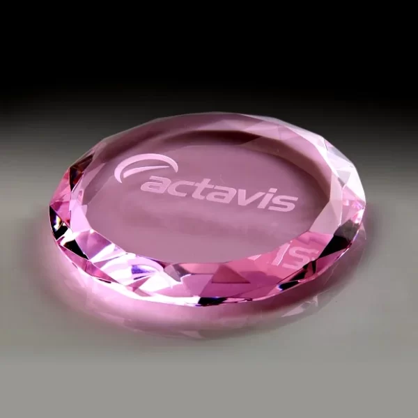 round multi faceted pink crystal paperweight gift award