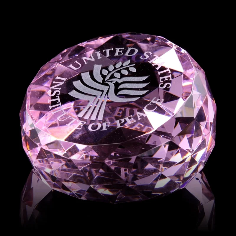 slanted pink crystal gem cut paperweight gift