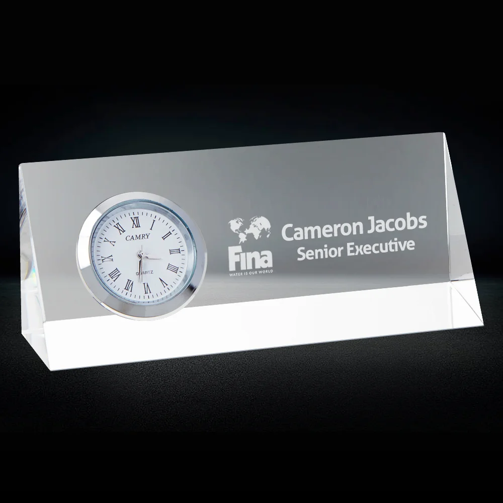 wedge crystal nameplate with clock executive gift