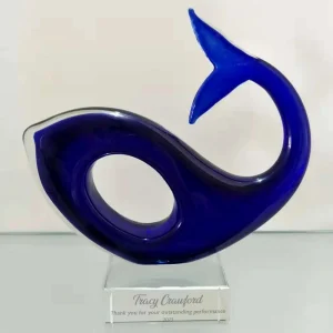 blue art glass whale award
