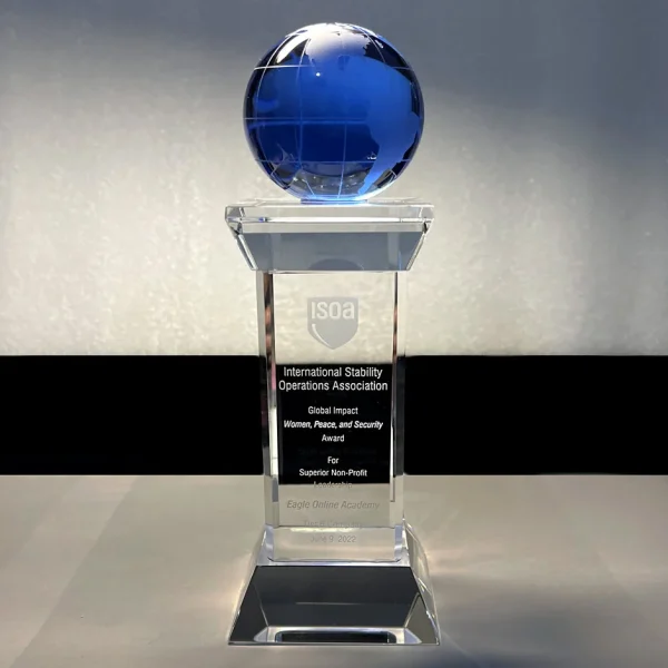 blue crystal globe column trophy award