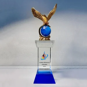 blue crystal globe trophy with gold eagle