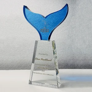 blue crystal whale tail trophy award