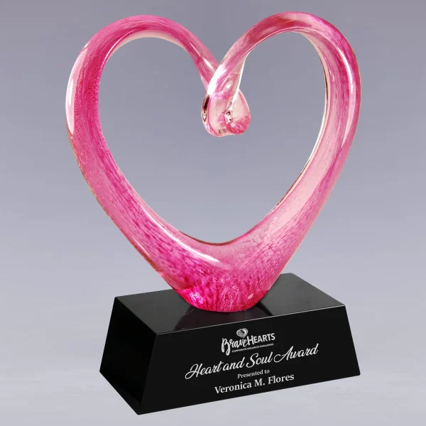 hand blown pink art glass heart award