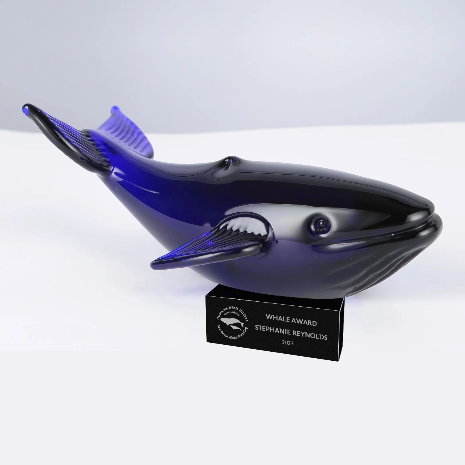 cobalt blue art glass whale statue award