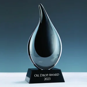 hand blown black art glass oil drop award