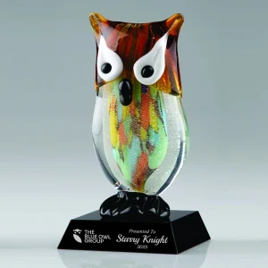 multi colored art glass owl award