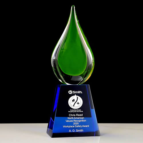 green teardrop art glass trophy award
