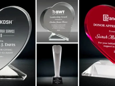 custom crystal heart awards, crystal heart trophies