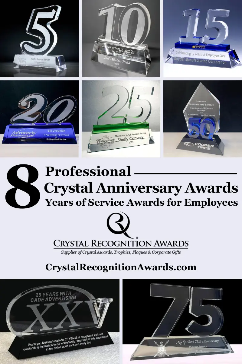 crystal anniversary awards, custom crystal years of service awards for employees