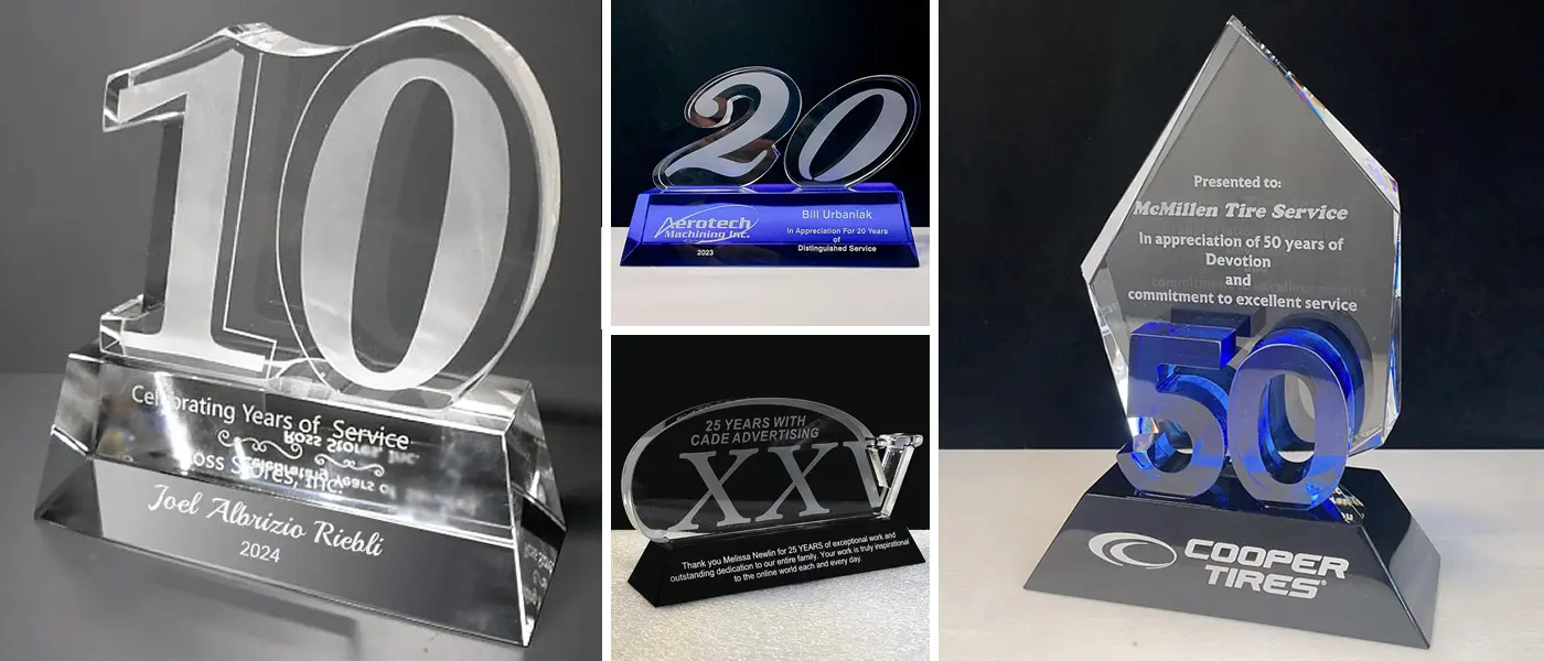 crystal years of service awards, custom crystal anniversary awards